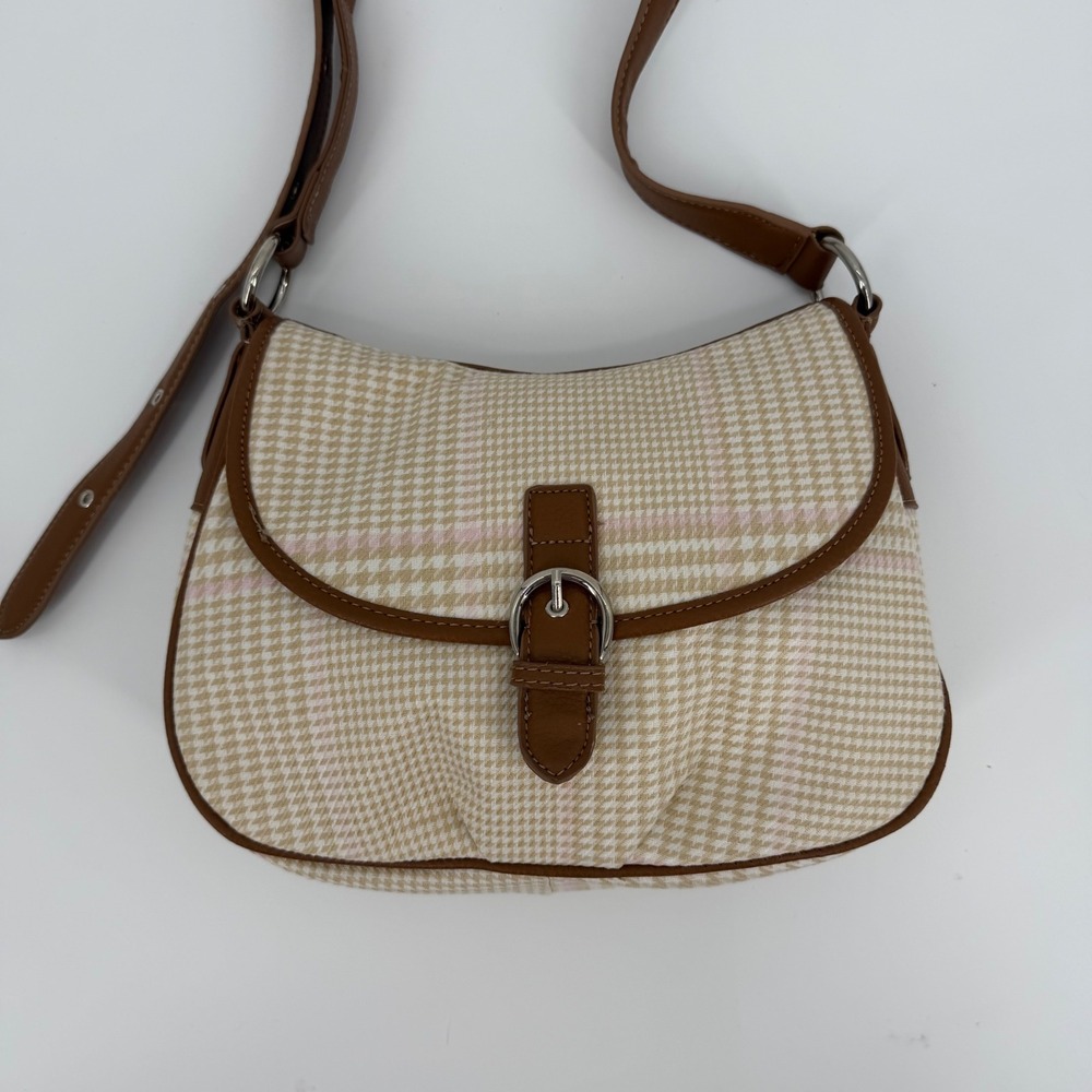 Y2K Satchel Houndstooth Crossbody Bag Brown Trim Pink Lining Adjustable Strap - Picture 2 of 8